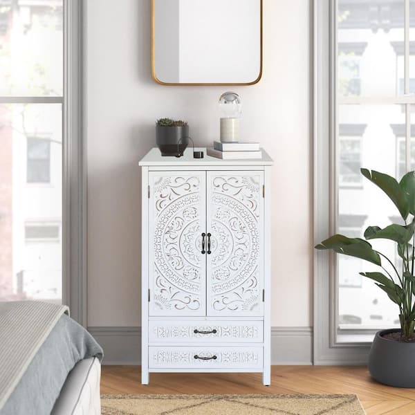 White 27 in. Tall Tower Storage Cabinet-Rustic Wood Pantry Sideboard with 2 Doors & 2 Drawers, Versatile Buffet Cabinet
