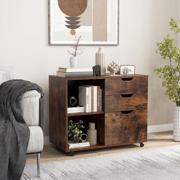 Gymax 3-Drawer Rustic Brown Wood 32 in. W Vertical File Cabinet w/Open Adjustable Storage Shelf for Ho me Office