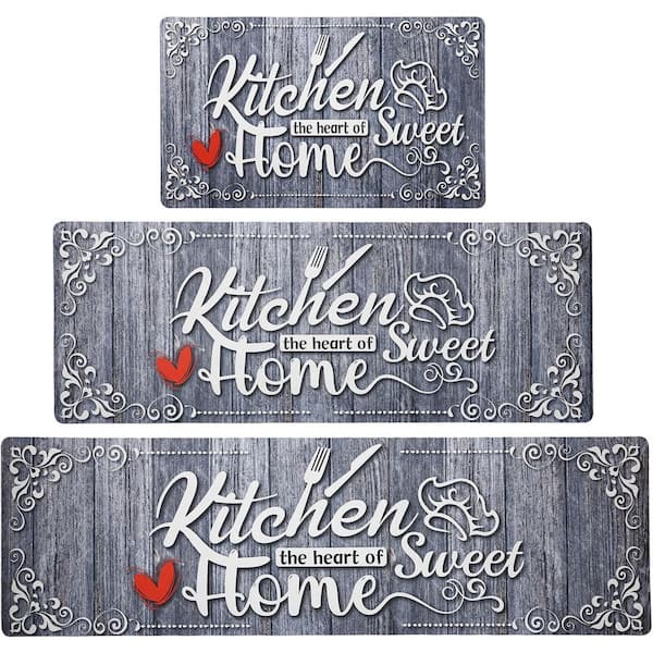 Gray 59 in. x 17 in. Indoor Non Slip Cushioned Kitchen Rugs and Mats Set of 3