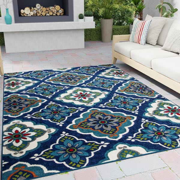 Tecopa Turberry Blue 9 ft. 10 in. x 12 ft. 10 in. Floral Polypropylene Indoor/Outdoor Area Rug