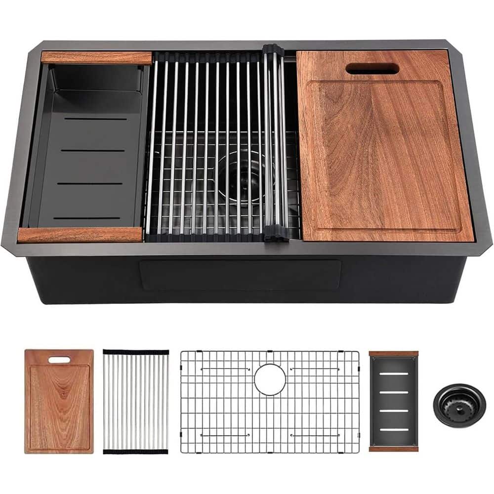 32 in. Undermount Single-Bowl 20-Gauge Black Stainless Steel Kitchen Sink with Cutting Board, Colander and Strainer price history on PriceWatchPro
