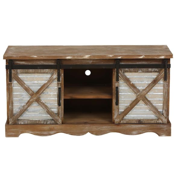 LuxenHome Natural Wood Entry Cabinet with Sliding Door