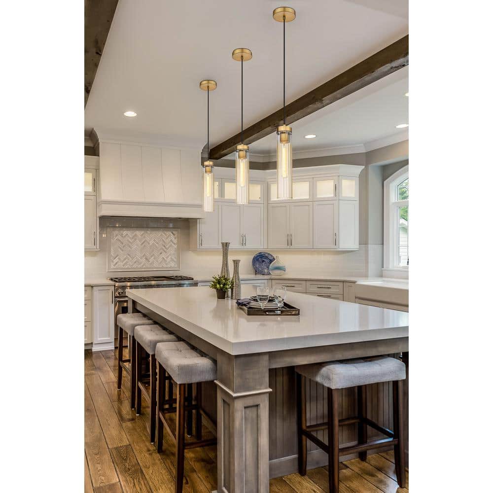Beau Rubbed Brass and Glass Modern Pendant Light