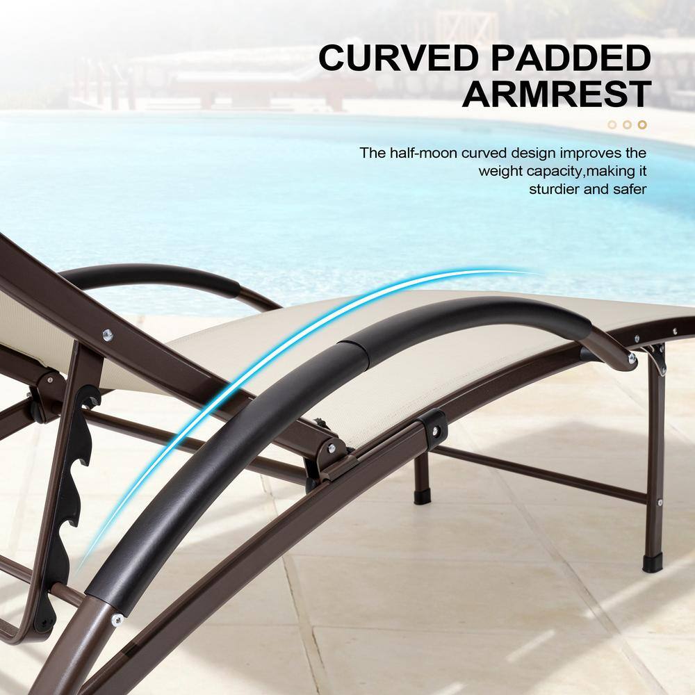 Tan and Brown Metal Adjustable Chaise Lounger Set with Cushions