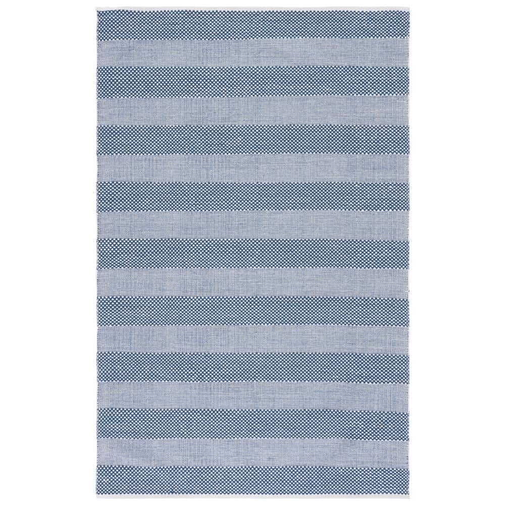 Ivory and Blue Striped Wool Cotton Area Rug