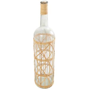 Clear Handmade Tall Glass Decorative Vase with Light Brown Rattan Woven Body and Neck