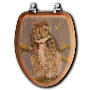 Fearless Owl and Hummingbird Elongated Closed Front Wood Toilet Seat in Oak Brown