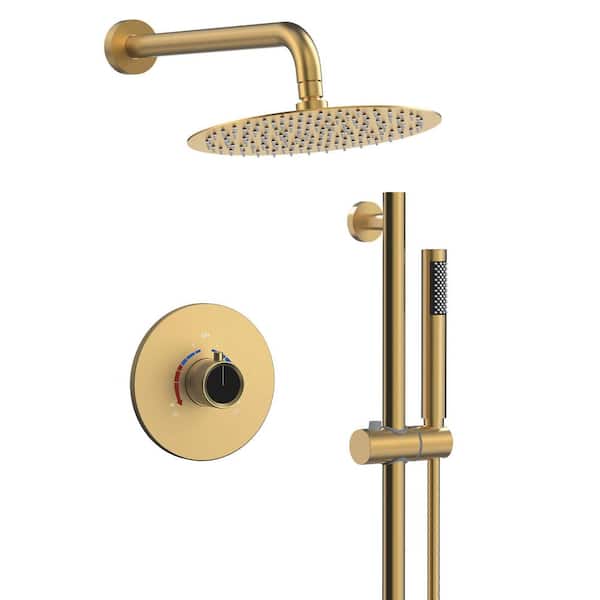 YAWWALK 2-Spray 10 in. Wall Mount Dual and Handheld Shower Head with Slider Bar 1.8 GPM in Brushed Gold (Valve Included)