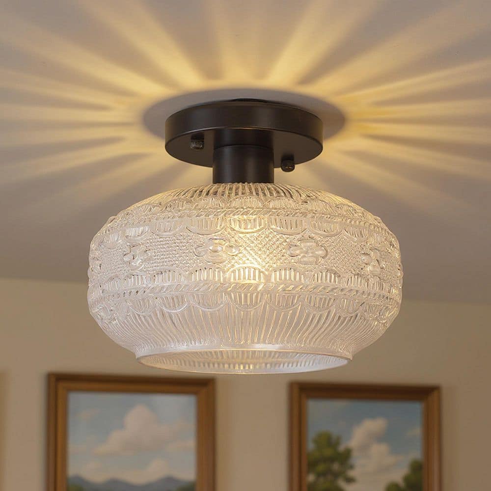 10 in. 1-Light Black Semi-Flush Mount Bowl Ceiling Light, Vintage Glass Farmhouse Fixture for Hallway, Bedroom, Kitchen price history on PriceWatchPro