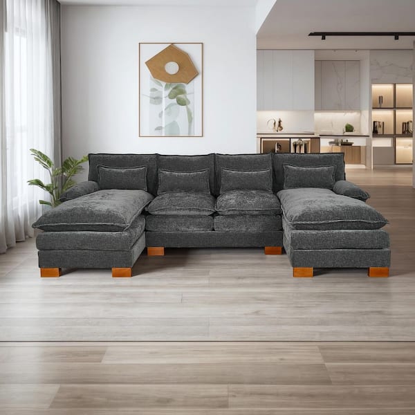 WONDER COMFORT Luxurious 112.6'' Pillows Armrests 3-Piece U-Shaped Chenille Modular Sectional Sofa Couch with Chaises in. Gray