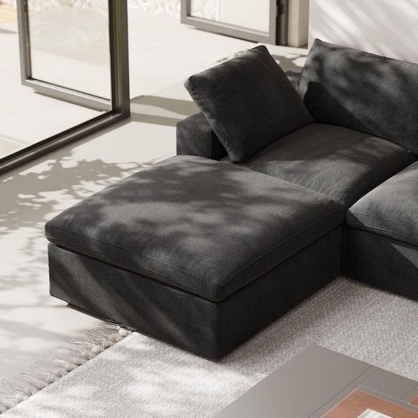 Square Black Linen Storage Ottoman (2-Piece Set)