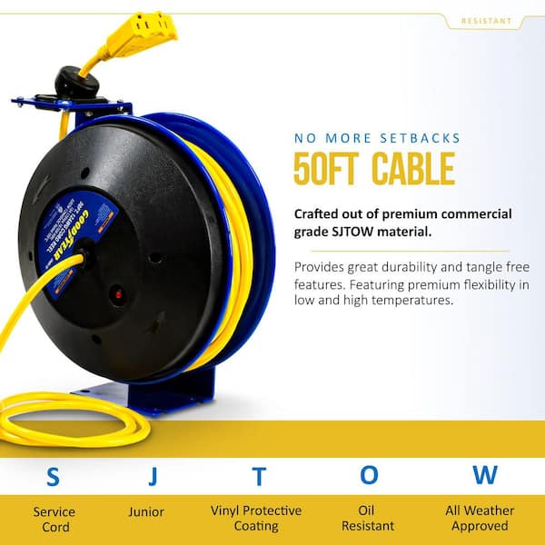 50 ft. 12/3 15 Amp Retractable Extension Cord Reel with 3-Grounded Outlets and Tri-Tap End