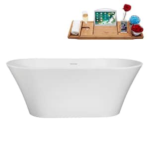 59 in. x 29 in. Acrylic Freestanding Soaking Bathtub in Glossy White with Glossy White Drain, Bamboo Tray