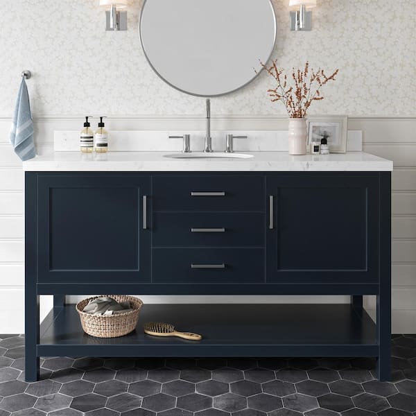 ARIEL Bayhill 60.25 in. W x 22 in. D x 36 in. H Single Sink Freestanding Bath Vanity in Midnight Blue with Man-Made Stone Top