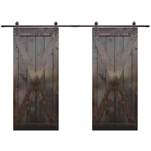X Series 84 in. x 84 in. Dark Coffee Stained Solid Wood Double Sliding Barn Door with Hardware Kit