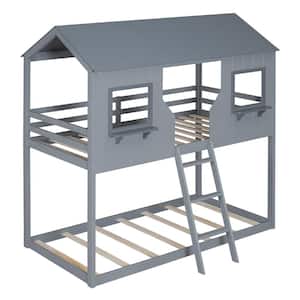 Gray House Design Twin Over Twin Bunk Bed Wood Bed with Roof, Window, Guardrail, Ladder