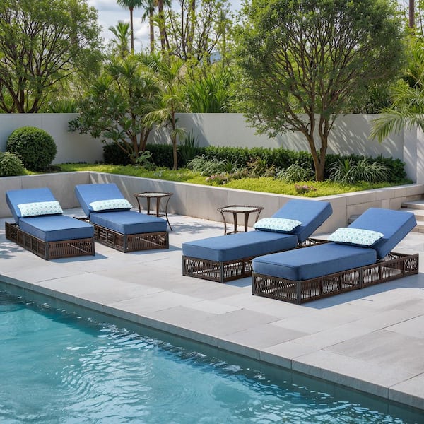 ArcoBay 6-Piece Brown Wicker Outdoor Chaise Lounge with 5 in. Thick Navy Blue Cushions and Side Table