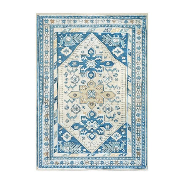 My Magic Carpet Saraz Blue/Off White Washable Rug 5 ft. x 7 ft. Area Rug