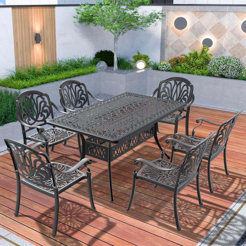 7-Piece Cast Aluminum Outdoor Bistro Set Patio Table Set with Random Colors Cushion and Umbrella Hole in Black price history on PriceWatchPro
