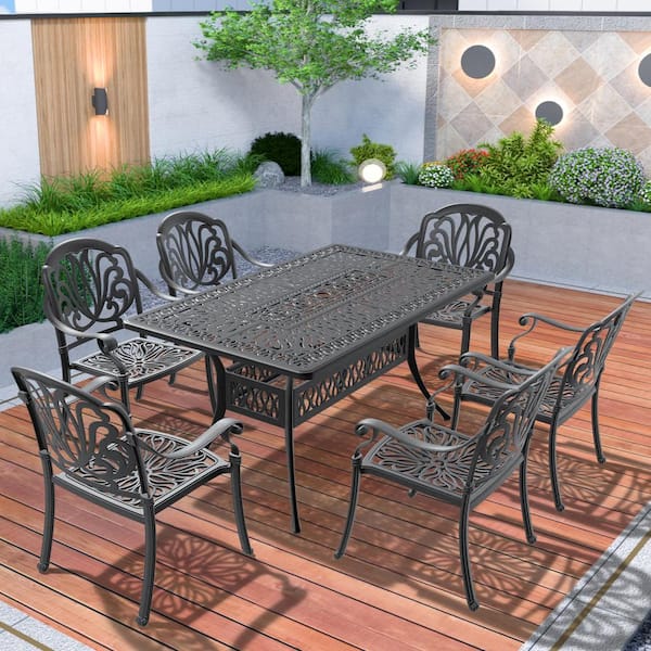 Cesicia 7-Piece Cast Aluminum Outdoor Bistro Set Patio Table Set with Random Colors Cushion and Umbrella Hole in Black