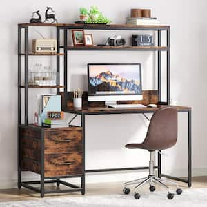 Capen 55 in. Rectangular Brown Engineered Wood 2-Drawer Computer Desk Corner Office Desk with Storage Shelves and Hutch