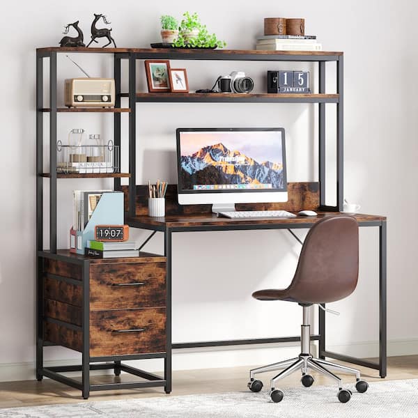 BYBLIGHT Capen 55 in. Rectangular Brown Engineered Wood 2-Drawer Computer Desk Corner Office Desk with Storage Shelves and Hutch