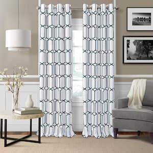 Kaiden Indigo Geometric Poly-Linen 52(in)X84(in) Grommet Top Blackout Curtain Panel