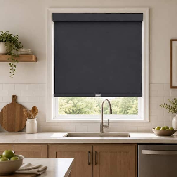 Black Cordless Light-Blackout Fabric Roller Shades with Valance UV