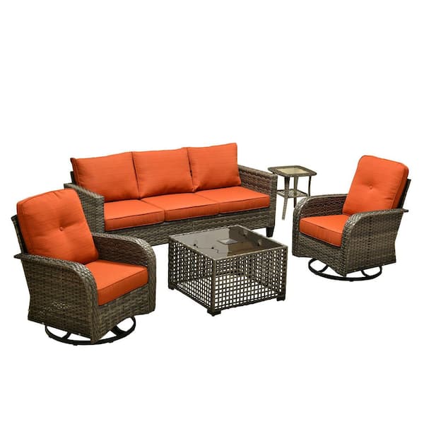 Daphne 5-Piece Wicker Patio Conversation Sofa Seating Set with Swivel Rocking Chairs and Orange Red Cushions