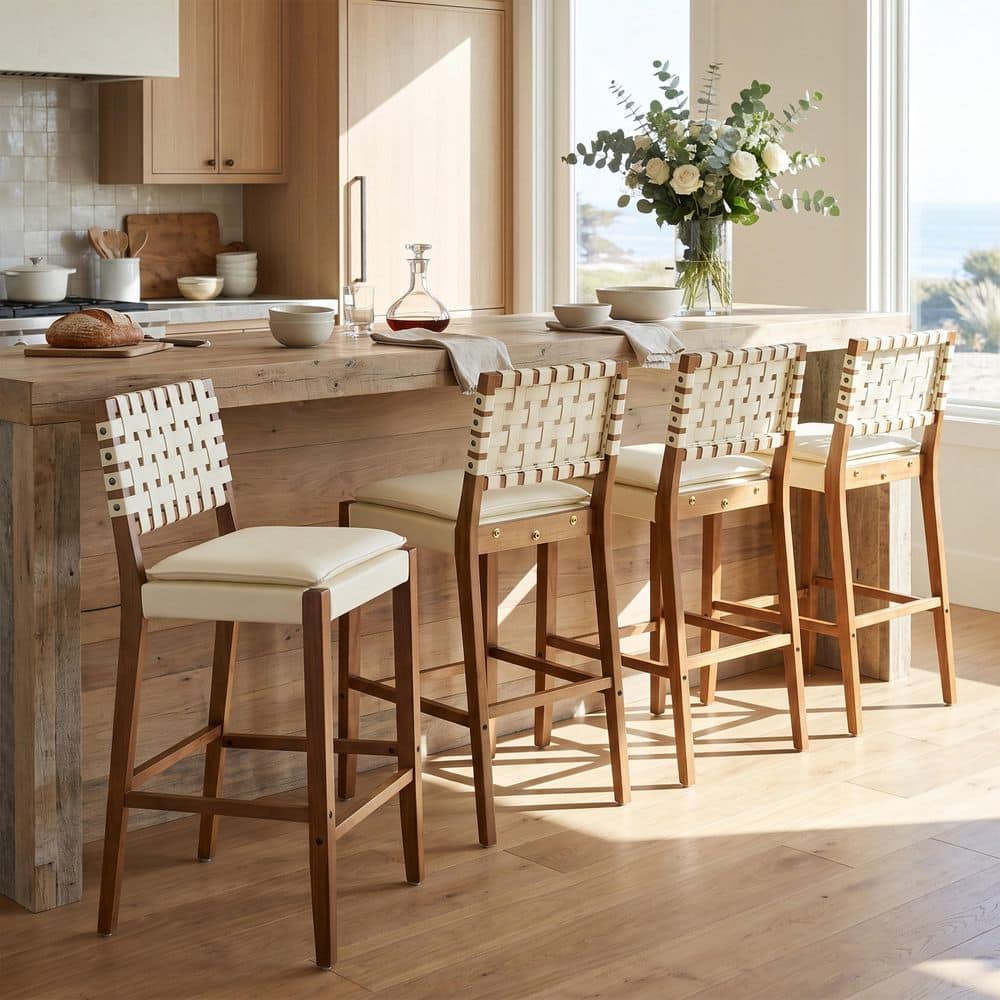 Country Rustic 29 in. Walnut Finish Wood Frame Bar Stools with Cream White PU Faux Leather Cushions, Set of 4 price history on PriceWatchPro