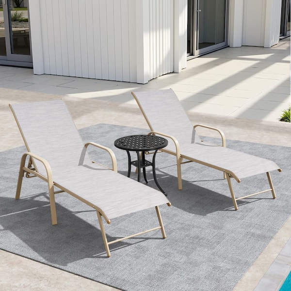 3-Piece Khaki Aluminum Adjustable Outdoor Patio Chaise Lounge in White Gray with Armrest and Side Table