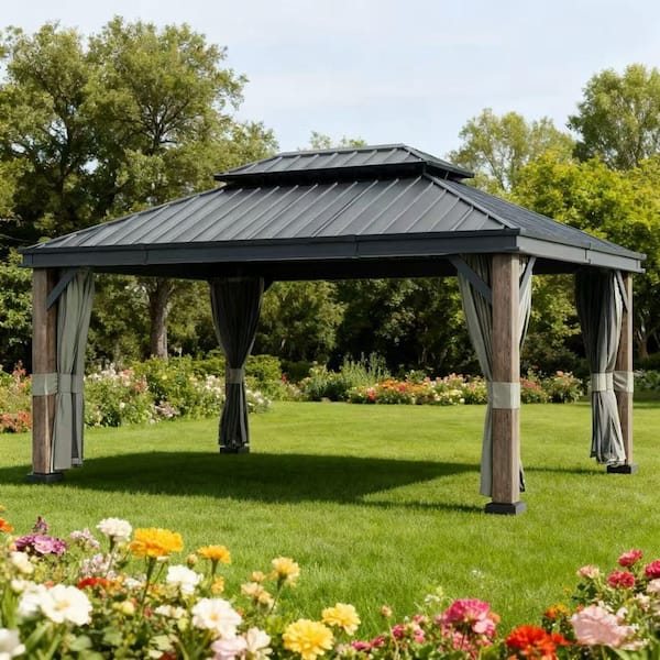 16 ft. x 12 ft. Wood Grain Hardtop Gazebo with Double Galvanized Steel Roof and Mosquito Net