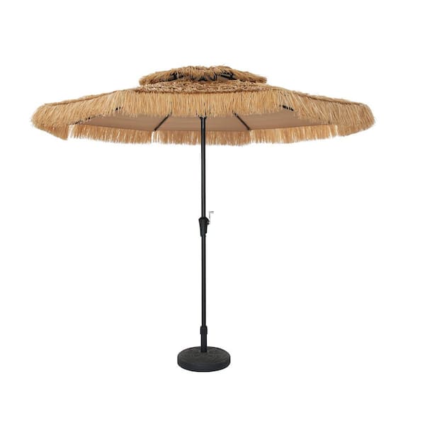 Mondawe 9 ft. Thatched Tiki Beach Umbrella 2-Tier Patio Umbrella with Crank and Round Umbrella Base in Natural Color