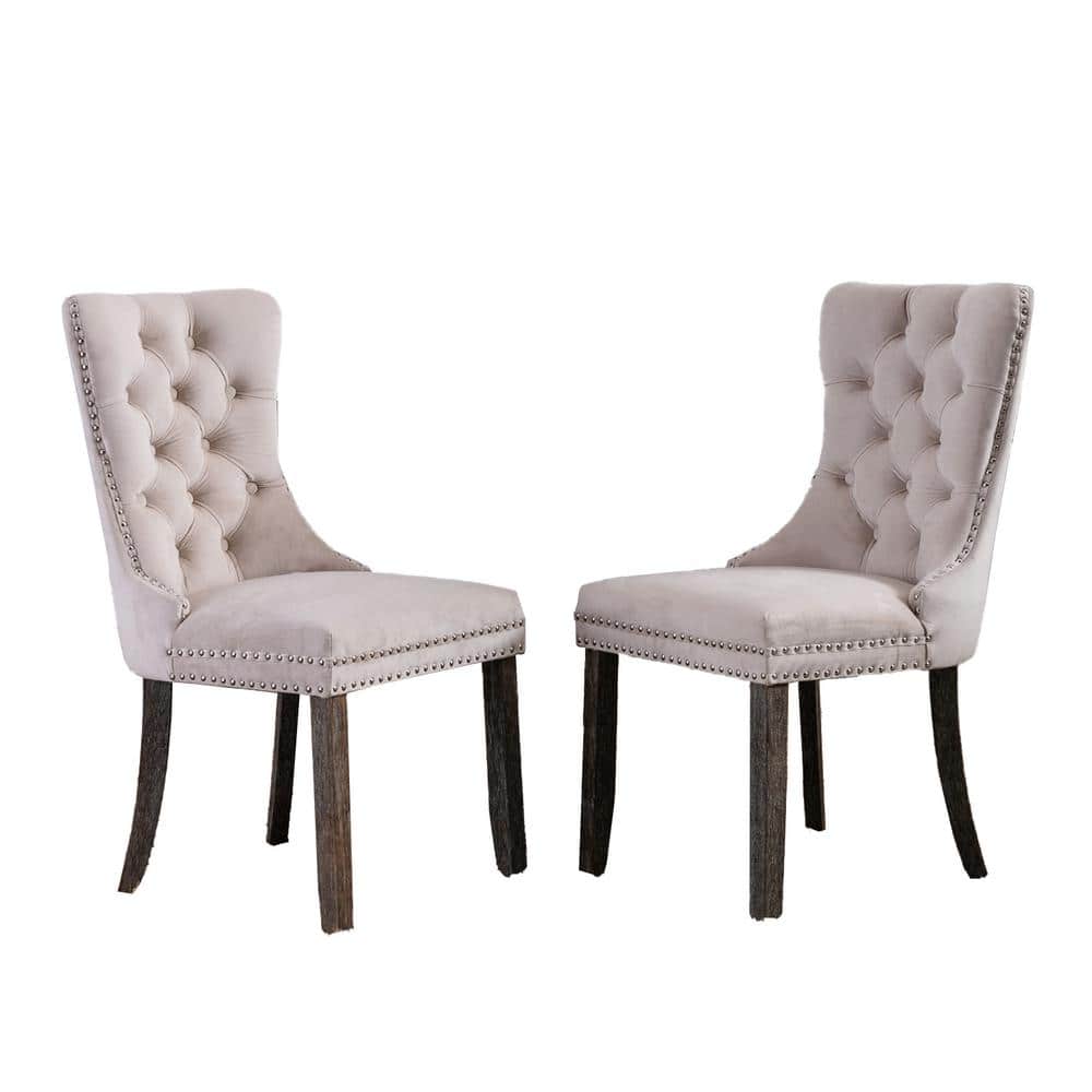 Beige Solid Wood Velvet Upholstered Dining Chair with Nailhead Trim (Set of