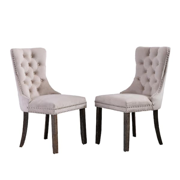 Unbranded Beige Solid Wood Velvet Upholstered Dining Chair with Nailhead Trim (Set of 2)