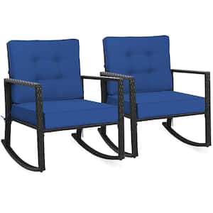 2-Pieces Patio Rattan Rocker Chair Outdoor Glider Rocking Chair Cushion Lawn Navy