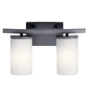 Crosby 15 in. 2-Light Black Contemporary Bathroom Vanity Light with Etched Glass Shade