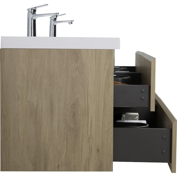 Espace 70.8 in. Double Sinks Modern Wall-Mounted Floating Natural Oak Bath Vanity with White Resin Top, Cabinet, Drawers