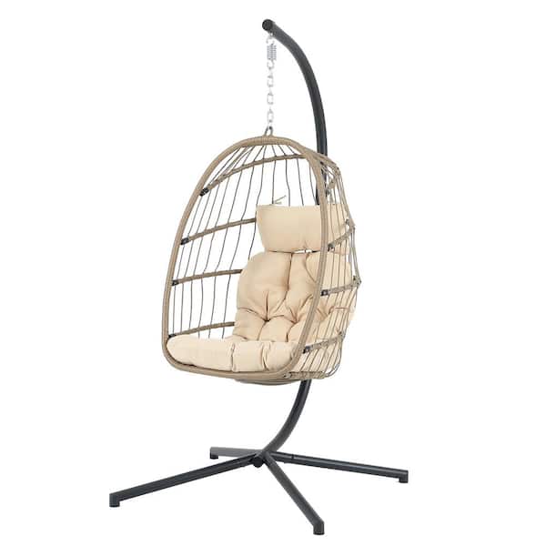 Freestyle Outdoor Wicker Patio Porch Swing Egg Chair with Stand, Beige Cushion