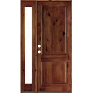 50 in. x 96 in. Rustic knotty alder Right-Hand/Inswing Clear Glass Red Chestnut Stain Wood Prehung Front Door w/Sidelite