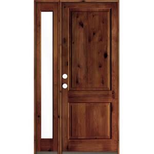 56 in. x 96 in. Rustic knotty alder Right-Hand/Inswing Clear Glass Red Chestnut Stain Wood Prehung Front Door w/Sidelite
