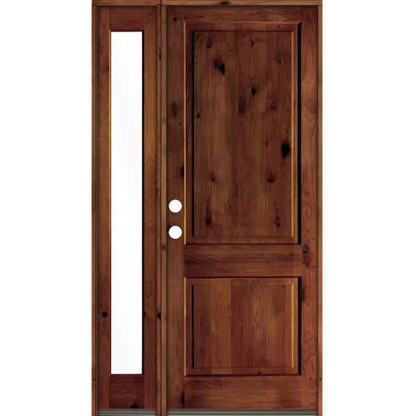 Krosswood Doors 56 in. x 96 in. Rustic knotty alder Right-Hand/Inswing Clear Glass Red Chestnut Stain Wood Prehung Front Door w/Sidelite