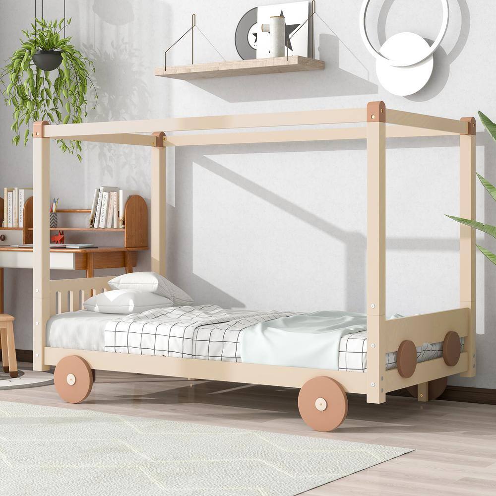 GODEER Natural plus Brown Twin Size Canopy Car-Shaped Platform Bed ...