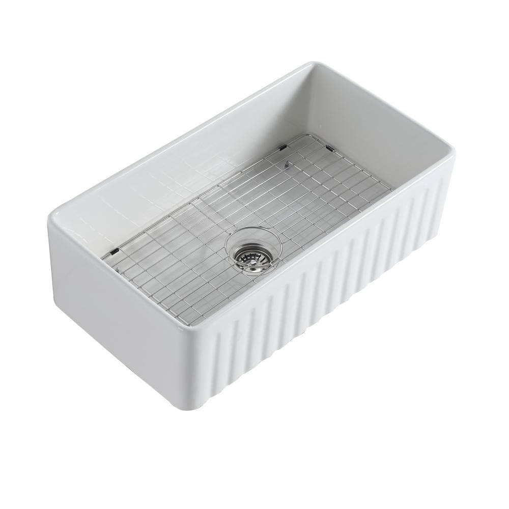 33 in. x 18 in. Single Bowl Farmhouse Apron White Ceramic Workstation Kitch