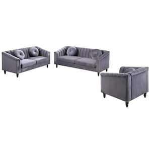 StarHomeLiving 75 in. W Round Arm 3-Piece Velvet Rectangular Sectional Sofa in Gray
