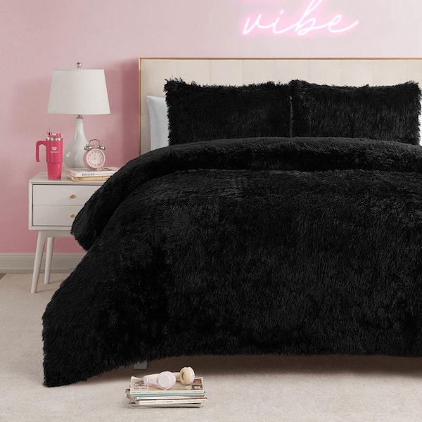 Shaggy 3-Piece Black Solid Microfiber Polyester Full/Queen Comforter Set
