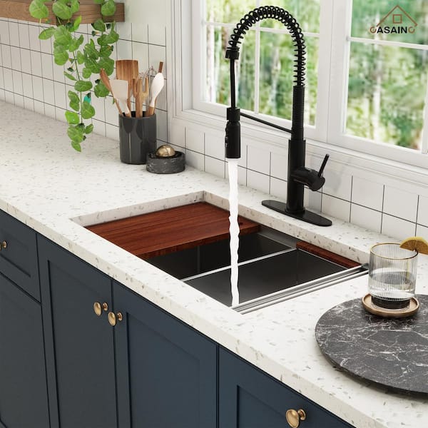 30 in. Undermount Single Bowl 16 Gauge Nano Stainless Steel Workstation Kitchen Sink with Pull Down Kitchen Faucet