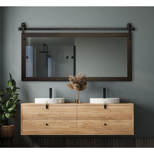 (56 in. W x 31 in. H) Black Walnut Accent Mirror with Steel Barn Door Rail