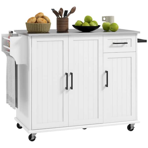 Tileon White Stainless-Steel Top 41.75 in. Kitchen Island with Drawer, Spice Rack and Towel Rack