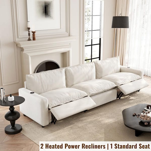 Power Recliner Couch, 116 in. Square Arm 3-Piece Linen Rectangle Modular Sectional Sofa with Adjustable Heating in Beige